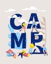 Camp Adventure Banner Type Letter. Camping Vertical Poster with Characters Design for Website or Print. Summer Vacation