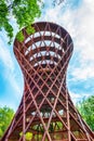 Camp Adventure Tower. Observation tower in the forest. Bottom view. Denmark. Sightseeing. Travel. Tourism