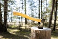 Camp axe stuck in the stump in forest. Stump and axe in sunny weather.