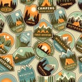 Camp badges pattern. Exploring logo for scouts outdoor adventure forest and mountains recent vector seamless background