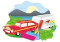 Car with caravan at camp site, eps. Royalty Free Stock Photo