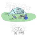 Camp with chairs and table in forest vector illustration sketch doodle hand drawn with black lines isolated on white background