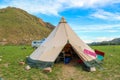 The camp cooking tent in Mongolia at sunset Royalty Free Stock Photo