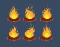 Camp fire animation sprites. Cartoon bonfire animation frames vector set