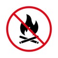 Camp Fire Burn Flame Ban Black Silhouette Icon. Warning Forbidden Danger Bonfire Pictogram. Prohibited Night Wood