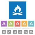 Camp fire flat white icons in square backgrounds
