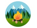 Camp fire in forest mountain flat icon pine tree jungle vector graphic Royalty Free Stock Photo