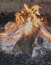 Camp fire with burning wood and ashes Royalty Free Stock Photo