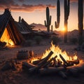 Camp Fire With Wooden Logs and Stones, Holiday Vacation Concept, Resort Hotel, Desert View, Generative AI Royalty Free Stock Photo