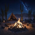 Camp Fire With Wooden Logs and Stones, Holiday Vacation Concept, Resort Hotel, Desert View, Generative AI Royalty Free Stock Photo