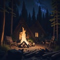 Camp Fire With Wooden Logs and Stones, Holiday Vacation Concept, Resort Hotel, Forest View, Generative AI Royalty Free Stock Photo