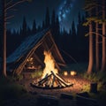 Camp Fire With Wooden Logs and Stones, Holiday Vacation Concept, Resort Hotel, Forest View, Generative AI Royalty Free Stock Photo