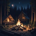 Camp Fire With Wooden Logs and Stones, Holiday Vacation Concept, Resort Hotel, Forest View, Generative AI Royalty Free Stock Photo