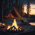 Camp Fire With Wooden Logs and Stones, Holiday Vacation Concept, Resort Hotel, Forest View, Generative AI Royalty Free Stock Photo