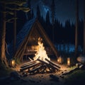 Camp Fire With Wooden Logs and Stones, Holiday Vacation Concept, Resort Hotel, Forest View, Generative AI Royalty Free Stock Photo