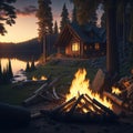 Camp Fire With Wooden Logs and Stones, Holiday Vacation Concept, Resort Hotel, Forest View, Generative AI Royalty Free Stock Photo