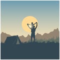 Silhouette of people, mountains, hills and forest on the sun and sky background. Wanderlust and camping. Concept adventure landsca Royalty Free Stock Photo