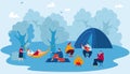 Camp in forest, travel adventure, tourism vector illustration. Campsite, hiking and outdoor recreation concept with Royalty Free Stock Photo