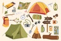 Camp icons. Summer campground items tent, hiking backpack and outing fire, survival, adventure equipment, outdoor