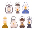 Camp Lamps Set. Fuel Lanterns Traditional Illumination Device, Radiates A Warm, Flickering Light Through A Wick