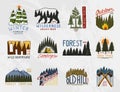 Camp logo, mountains coniferous forest and wooden badges. engraved hand drawn in old vintage sketch. emblem tent tourist