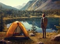 Camp in the mountains near of the lake. Bivouac on the lake in the Alps. Royalty Free Stock Photo