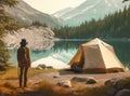 Camp in the mountains near of the lake. Bivouac on the lake in the Alps. Created with Generative AI technology. Royalty Free Stock Photo