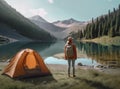 Camp in the mountains near of the lake. Bivouac on the lake in the Alps. Created with Generative AI technology. Royalty Free Stock Photo