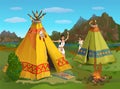 Indian girls on the grass near the wigwam in the mountains of America on a summer evening. Life of an Indian tribe. Vector illustr