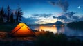 Camp near the mountain lake. Night landscape with a tent near the forest AI generated Royalty Free Stock Photo