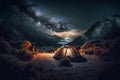 Camp in the night. camping under the stray sky surrounding by mountain and trees Created with generative Ai technology.