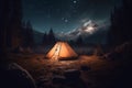 Camp in the night. camping under the stray sky surrounding by mountain and trees Created with generative Ai technology.