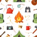 Camp seamless pattern. Summer adventure abstract picnic background. Tourism on nature with cute icons. Camping tents, fire and Royalty Free Stock Photo