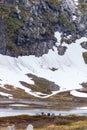 Camp site with picnic table in norwegian mountains Royalty Free Stock Photo