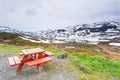 Camp site with picnic table in norwegian mountains Royalty Free Stock Photo