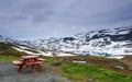 Camp site with picnic table in norwegian mountains Royalty Free Stock Photo