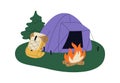 Camp site, tent, backpack and fire. Camping place, campsite with campfire, rucksack in nature. Holiday outdoor adventure