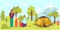 Camp tent in forest, family at summer nature vector illustration. Flat tourism activity at vacation. Cartoon adventure Royalty Free Stock Photo