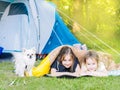 Camp in the tent - girls with little dog chihuahua sitting together near the tent. Camping with children Royalty Free Stock Photo
