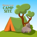 Camp tent with green tree and welcome message. Summer landscape camping vector illustration. Campsite promotion banner Royalty Free Stock Photo