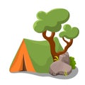 Camp tent with tree and shrub on white background. Summer landscape clipart. Campsite promotion banner template