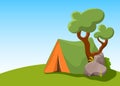 Camp tent with tree and stone. Summer landscape vector illustration with place for text. Campsite promotion banner Royalty Free Stock Photo