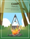 Camp travel poster. Campfire in forest vector illustration. Bonfire and stones along trees and bushes banner design.