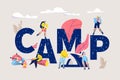 Camp Word Banner Type Letter. Camp Horizontal Poster with Characters Design for Print. Summertime Holiday on Nature Royalty Free Stock Photo