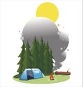 Campaign The camp stands in a clearing near the forest. Sunny summer day. A bonfire smokes Royalty Free Stock Photo