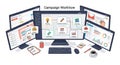 Campaign workflow setup with multiple computer Royalty Free Stock Photo