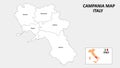 Campania Map. State and district map of Campania. Administrative map of Campania with district and capital in white color