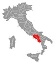 Campania red highlighted in map of Italy