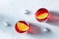 Campari or negroni cocktails with oranges and ice, overhead flat lay shot Royalty Free Stock Photo