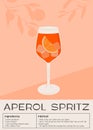 Campari Spritz Cocktail in glass with ice and slice of orange. Summer Italian aperitif retro poster. Wall art with